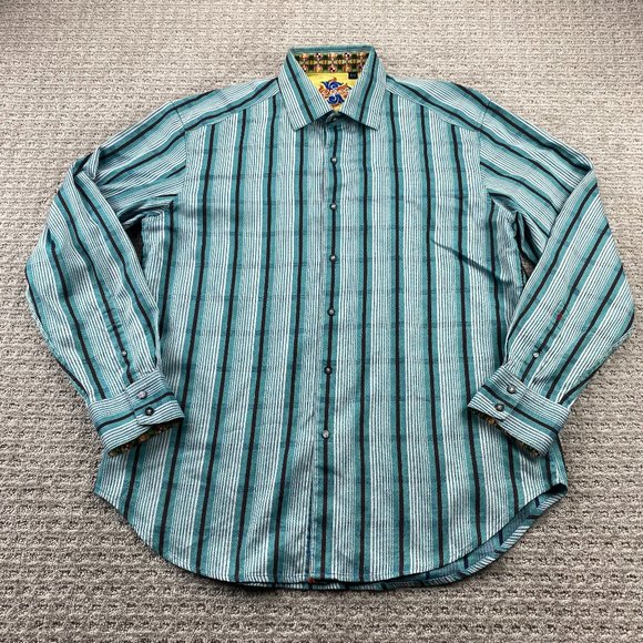 Robert Graham Shirt Men XL Green Teal Striped Button Up Formal Polo Long Sleeve - Picture 1 of 11